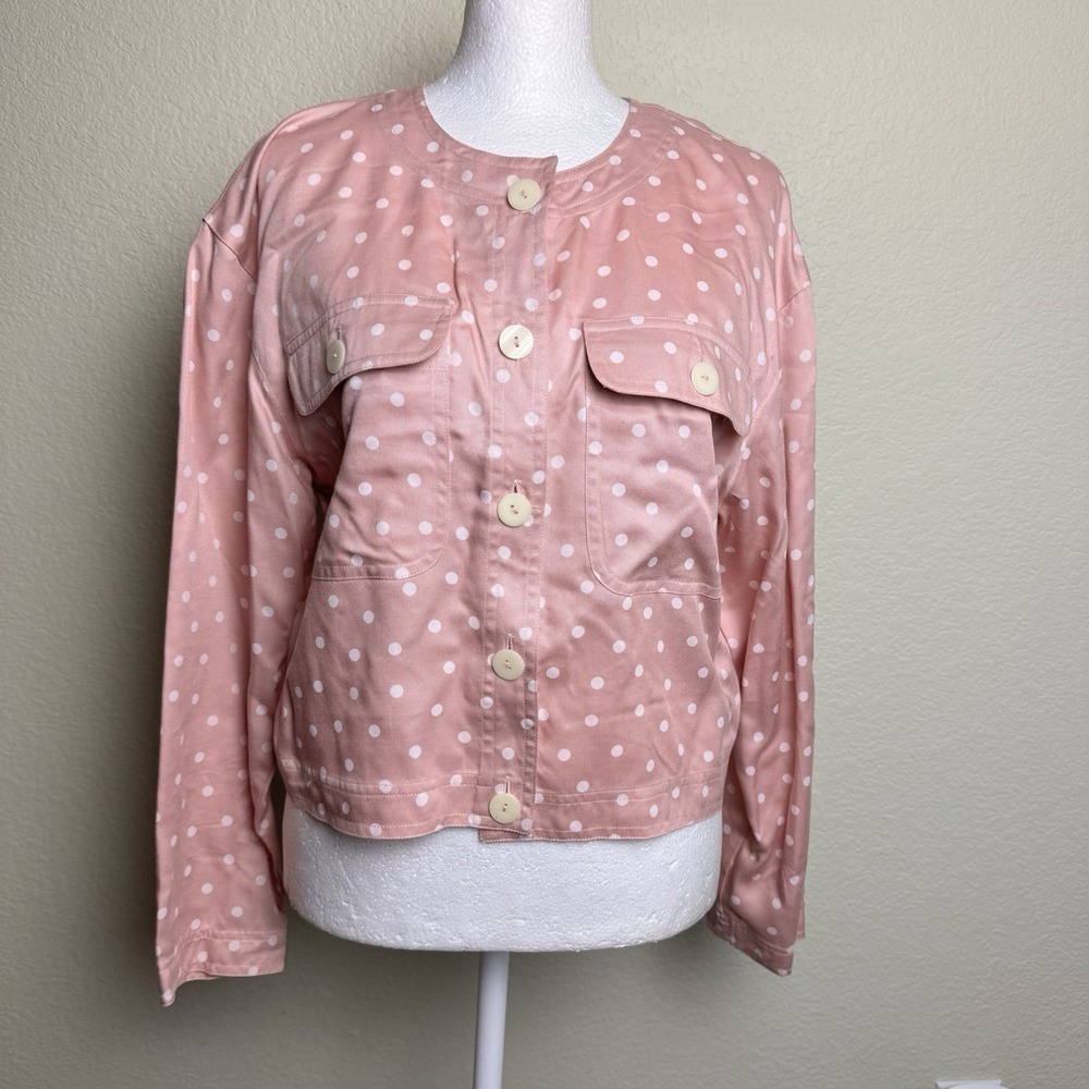 Vintage Lizsport Petite Pink Polka Dot Rayon Button Front Jacket Shacket SP 90s